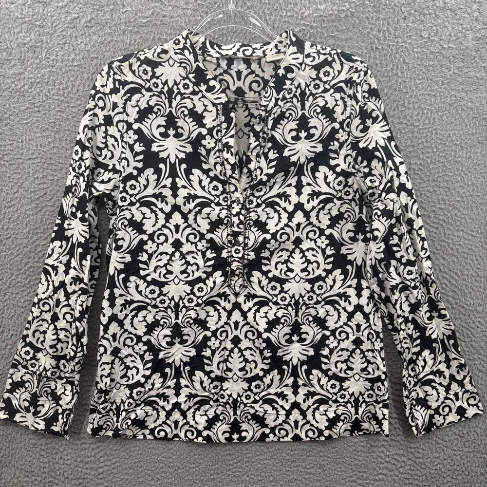 Tommy Bahama Blouse Women Small Black White Damask Long Sleeve Henley V-Neck Top